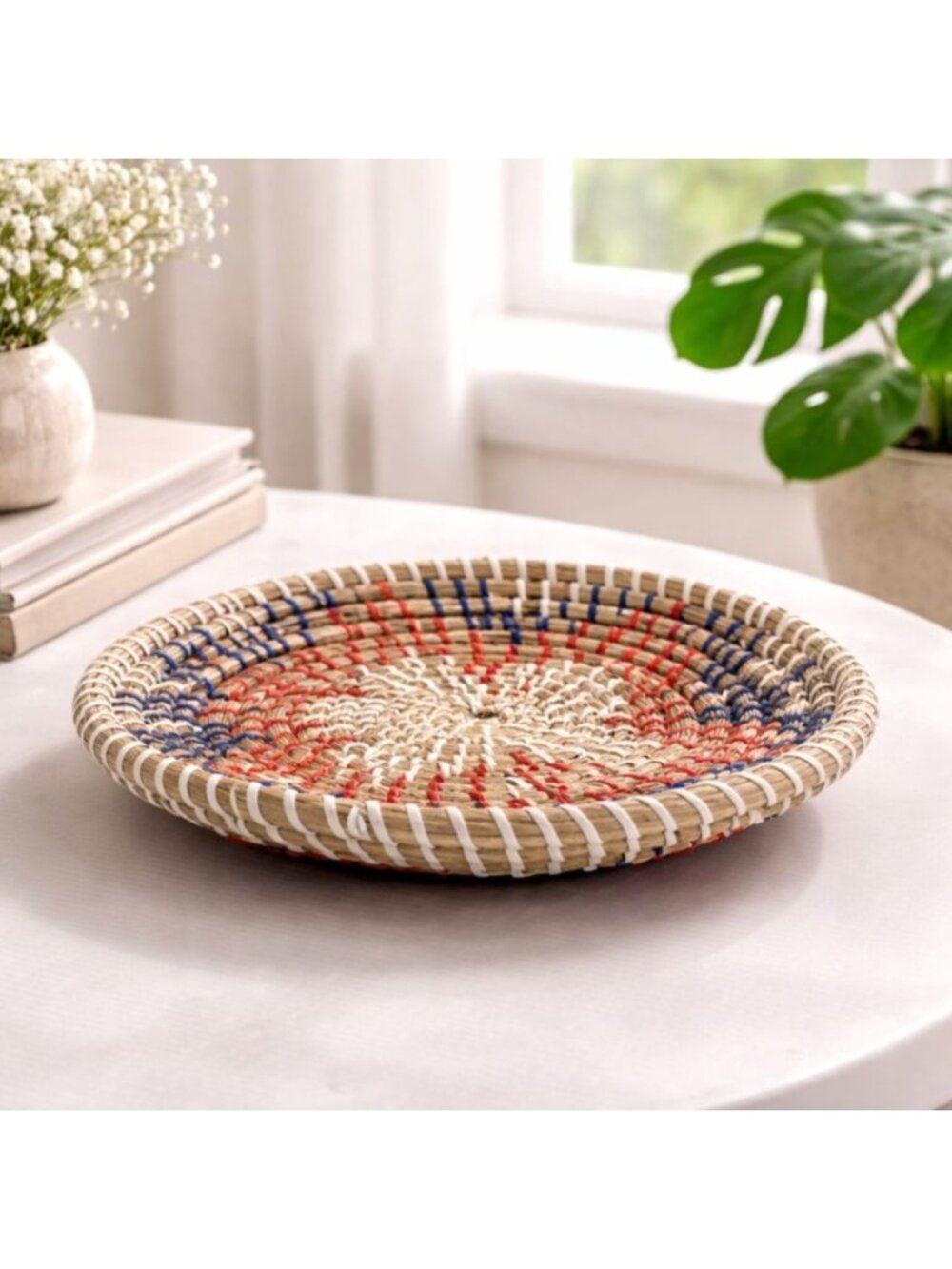 Handwoven Natural Grass Decorative Basket Tray With Red Blue & White Accents 10"